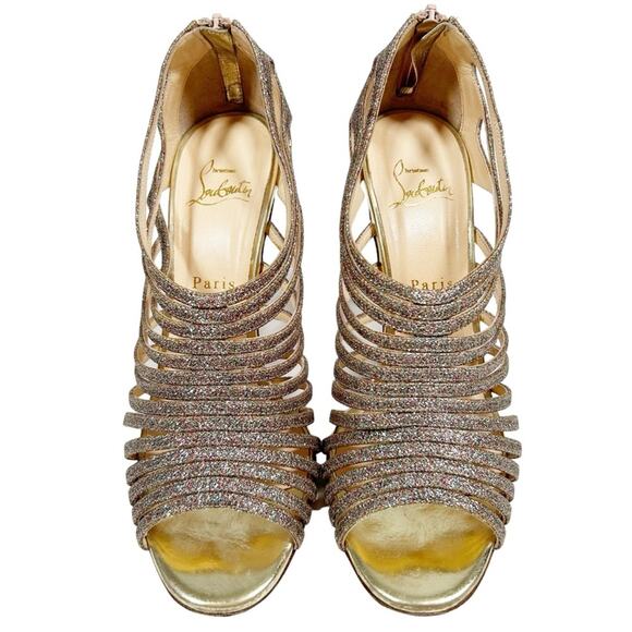 CHRISTIAN LOUBOUTIN Gold Glitter Multi Tibrida Strappy Heeled Sandals - Picture 3 of 14